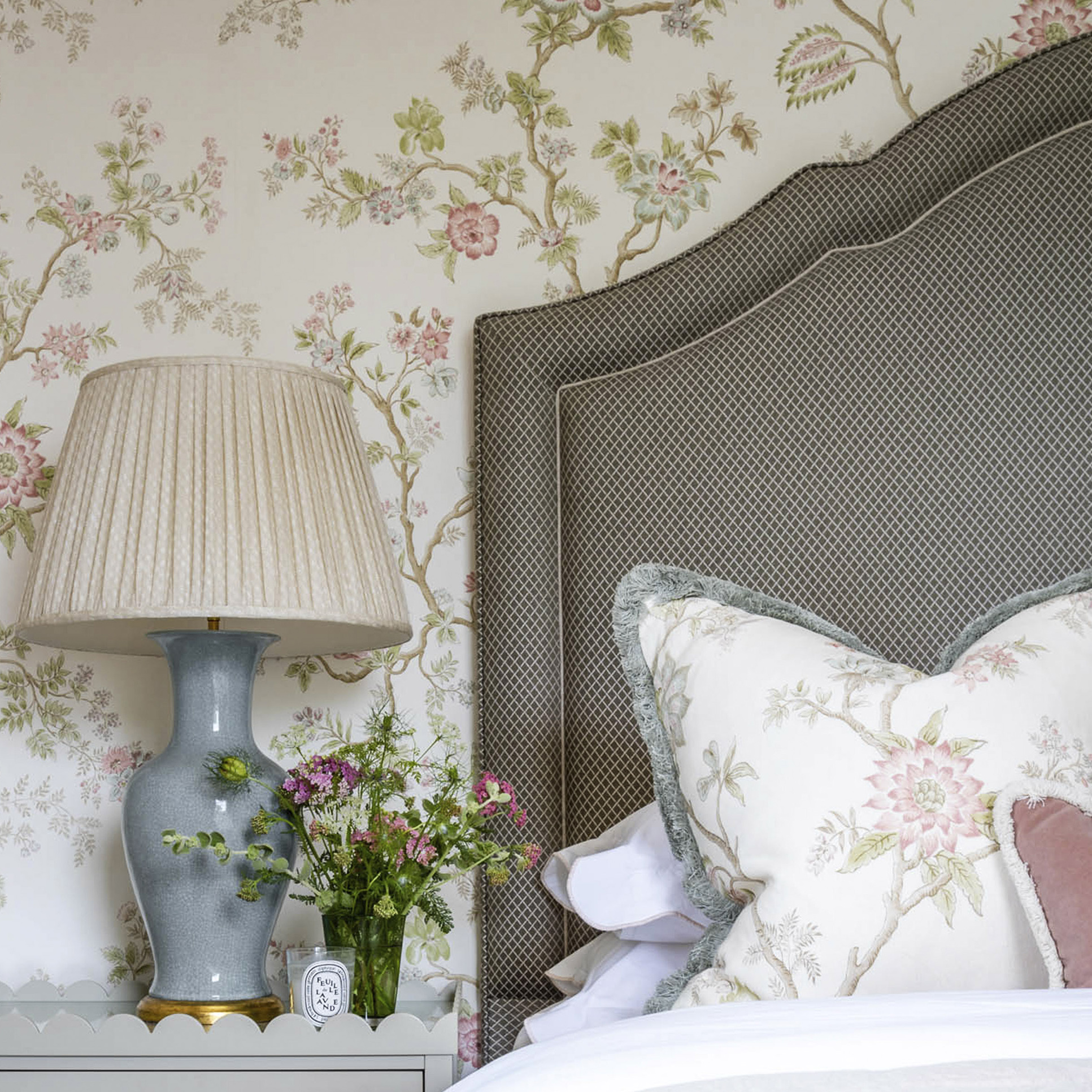 lewis and wood indienne mallow wallpaper and cushion in bedroom